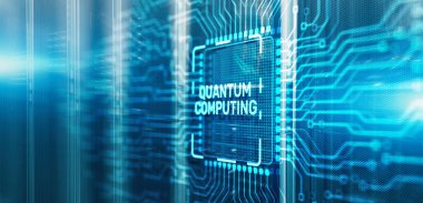 Kuantum hesaplama konsepti. 3d Elektronik Devre Tahtası Çipindeki Yazı.