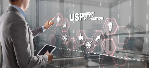 Usp 在虚拟屏幕上注册独一无二的销售提议 营销和技术概念 — 图库照片