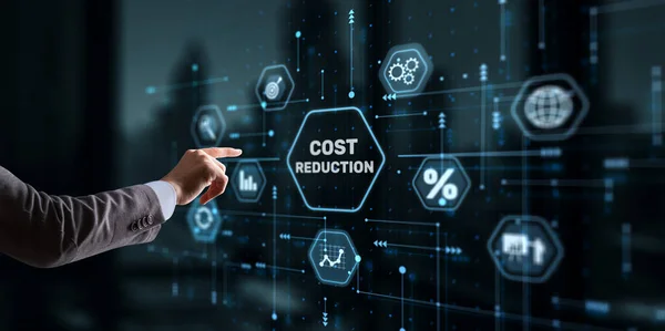 Cost Reduction Business Finance Concept Businessman Clicks Virtual Screen — Stock Fotó