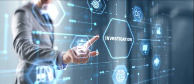 Investigation Business concept. Man presses investigations button on a virtual screen.