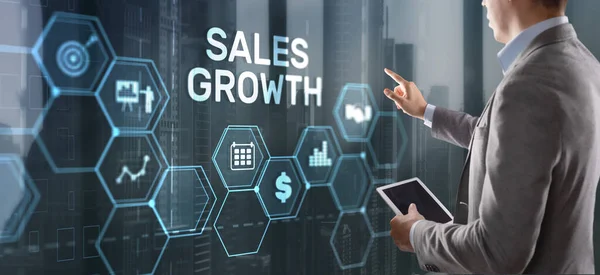 stock image Sales Growth Man clicks inscription on virtual 3D screen.