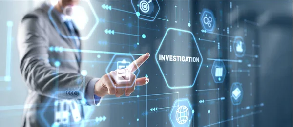 stock image Investigation Business concept. Man presses investigations button on a virtual screen.