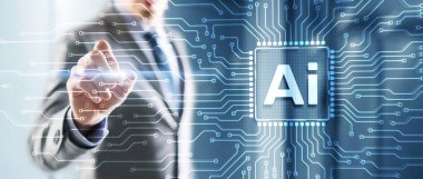 Sanal ekrana tıklayan adam, yapay zeka çipi. Devre kartında Ai çipi var. Veri merkezi arkaplanı.