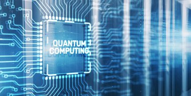 Kuantum hesaplama konsepti. 3d Elektronik Devre Tahtası Çipindeki Yazı.