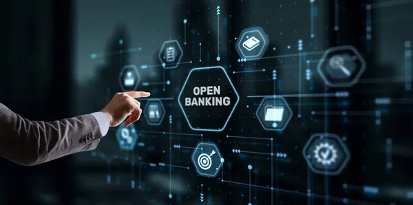 Businessman Touching Hologram Open Banking Technology Finance Concept — Stock Photo, Image