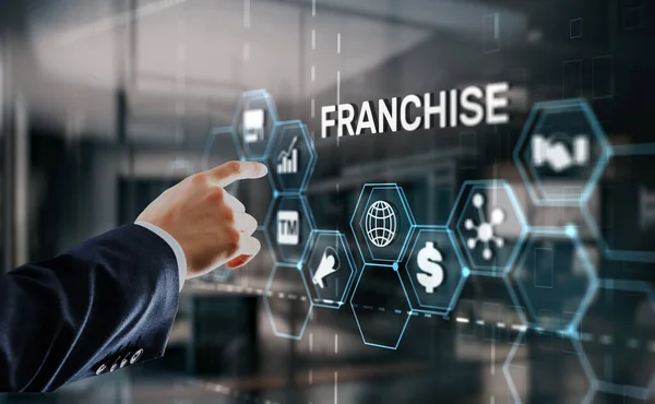 Businessman Hand Touching Inscription Franchise Marketing System — Stock Photo, Image