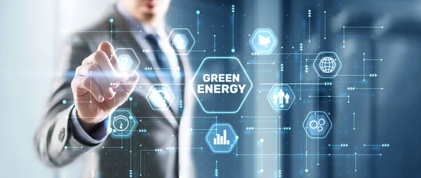 Businessman Clicks Green Eco Energy Icons Reducing Environmental Risks — Stok fotoğraf