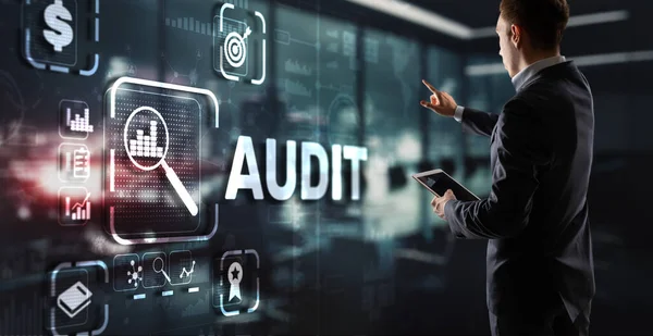 Audit Checking Financial Statements Company Businessman Touching Audit Virtual Screen — Stock Photo, Image