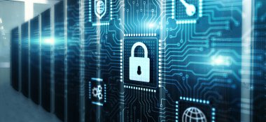 Cyber Security Data Protection Business Privacy concept. 3d Electronic Circuit Board Chip.