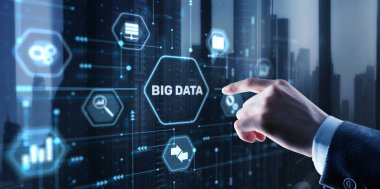 Businessman clicks Big data world and globe icon modern interface.