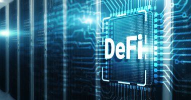 3d Elektronik Devre Tahtası Çipinde DeFi Yerel Finans Yazısı.