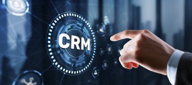 CRM Müşteri İlişkileri Yönetimi. İş adamı tıkırtısı. Business Internet Teknoloji Konsepti.