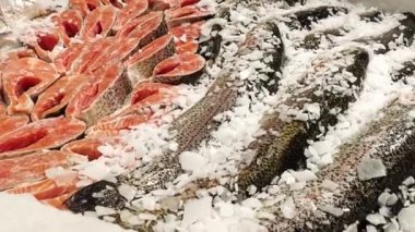 Süpermarkette buz üstünde duran taze deniz balığı ve deniz ürünleri tezgahı..