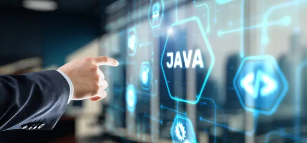 Бизнесмен Кликает Понятии Языка Программирования Java Виртуальном Экране — стоковое фото