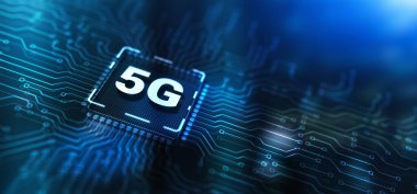 Devre kartında dijital 5G ve İnternet Telekomünikasyon kavramı.