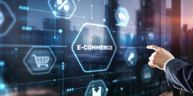 Businessman clicks E-commerce Global Business Digital Marketing.