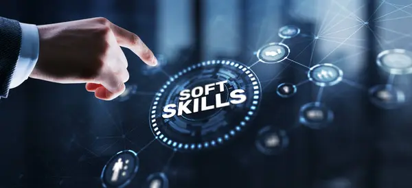 Businessman presses a button Soft Skill Business Development concept.