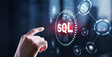 SQL Yapılandırılmış Sorgu Dili. Teknoloji konsepti. Simge sanal ekranı.