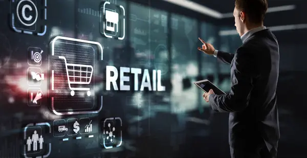 Retail concept marketing channels E-commerce Shopping automation on virtual screen.