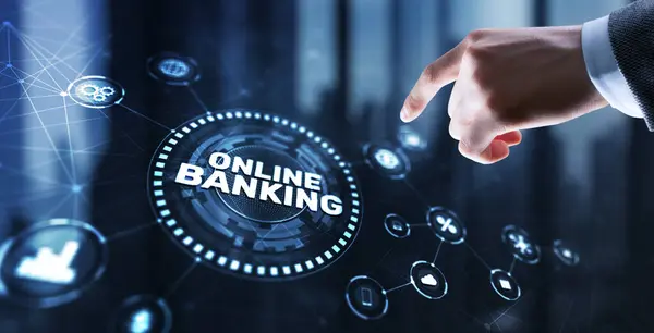 Banking Online Internet Payment Technology Businessman Presses Button Banking — Fotografia de Stock