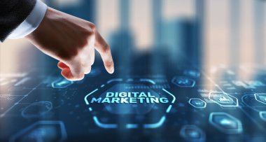 Dijital online pazarlama. Modern arayüz simgelerinde analiz satışı veri grafiği büyümesi.