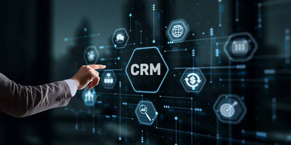 CRM Customer Relationship Management. Businessman clicks. Business Internet Technology Concept.