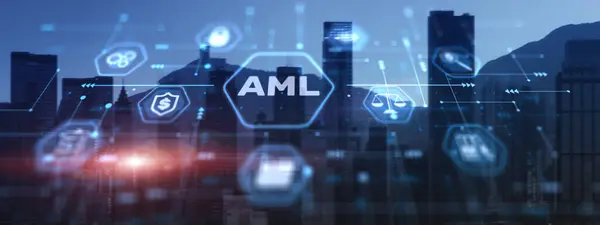 AML Anti Money Laundering Financial Bank Business Technology Concept on modern city background.