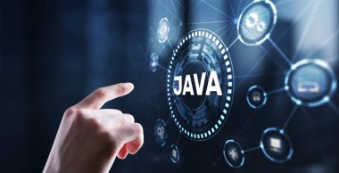 Businessman clicks Java programming language application concept on virtual screen.