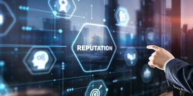 Businessman presses a button Reputation. Management Branding Concept.