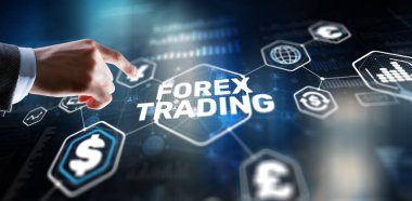 İş adamı sanal ekranda parmağına dokunuyor ve Forex Trading 'i seçiyor.