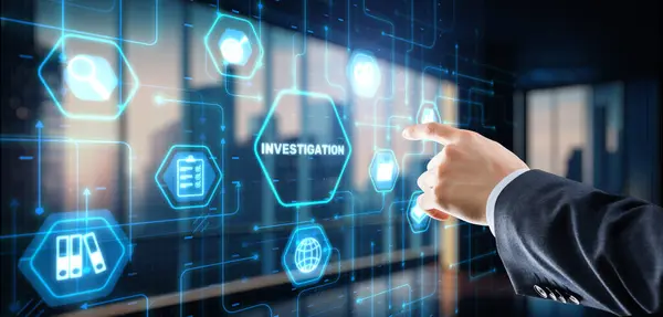 stock image Investigation Business concept. Man presses investigations button on a virtual screen.