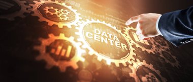 Sanal ekrandaki veri merkezi yazıtları. Yeni soyut karışık ortam arkaplanı.