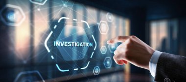 Investigation Business concept. Man presses investigations button on a virtual screen.