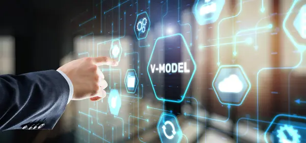 Businessman Clicks Model Vee Information Systems Development Model — Stock Photo, Image