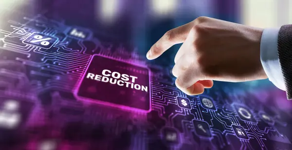 Cost reduction business finance concept. Businessman clicks virtual screen.
