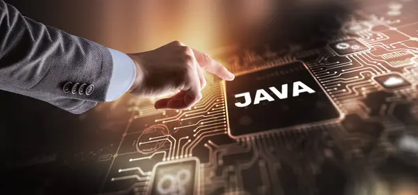 Businessman Clicks Java Programming Language Application Concept Virtual Screen — Foto de Stock