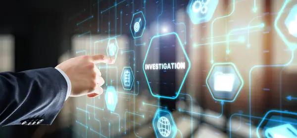 Investigation Business Concept Man Presses Investigations Button Virtual Screen — Photo