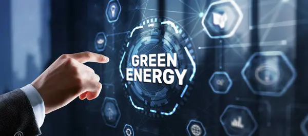 Businessman Clicks Green Eco Energy Icons Reducing Environmental Risks Images De Stock Libres De Droits