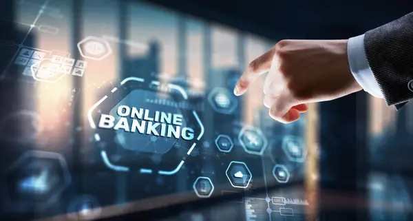 Banking Online Internet Payment Technology Businessman Presses Button Banking Image En Vente
