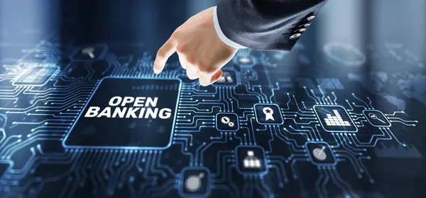 Businessman Touching Hologram Open Banking Technology Finance Concept — Stock Photo, Image