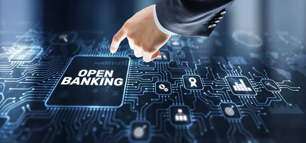 Businessman Touching Hologram Open Banking Technology Finance Concept Photos De Stock Libres De Droits