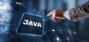 Businessman clicks Java programming language application concept on virtual screen.
