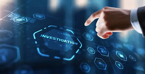 Investigation Business Concept Man Presses Investigations Button Virtual Screen Photos De Stock Libres De Droits