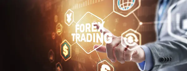 Бизнесмен Касается Пальца Виртуальном Экране Выбирает Forex Trading Стоковое Изображение