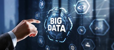 Businessman clicks Big data world and globe icon modern interface.