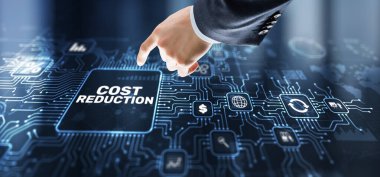 Cost reduction business finance concept. Businessman clicks virtual screen.