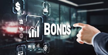 İşadamı sanal ekrana tıklıyor. Bond Finans Bankası Teknolojisi konsepti. Ticaret Pazarı Ağı.