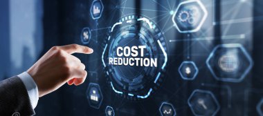 Cost reduction business finance concept. Businessman clicks virtual screen.