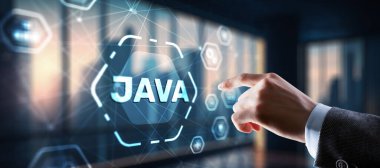 Businessman clicks Java programming language application concept on virtual screen.