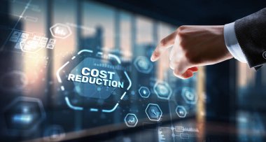 Cost reduction business finance concept. Businessman clicks virtual screen.